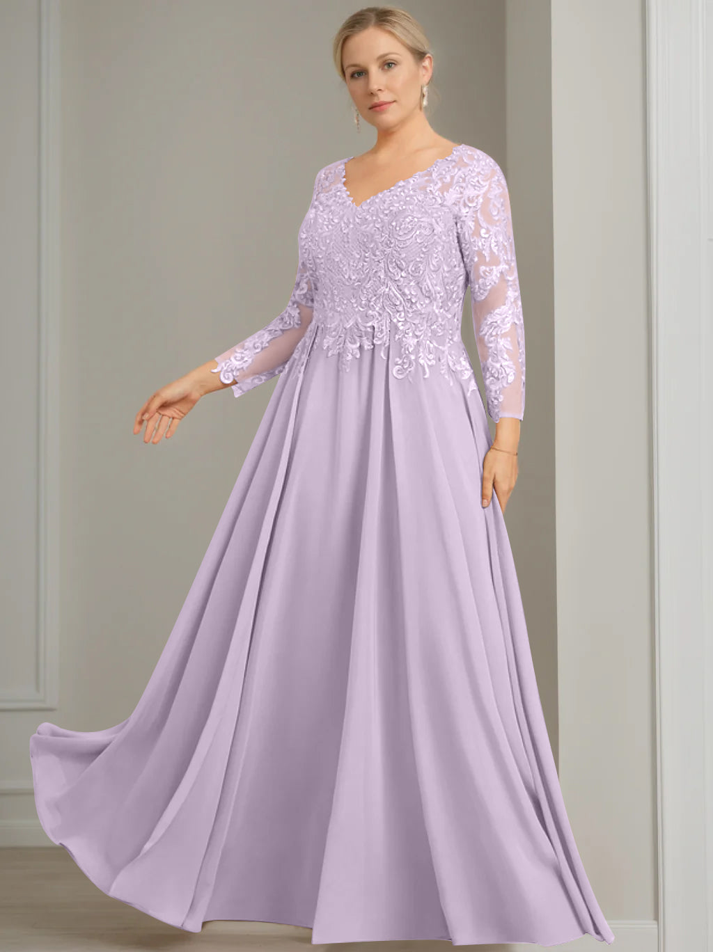 V-Neck A-Line Princess Gown with 3/4 Sleeves and Sequins for Plus-Size Mother of the Bride