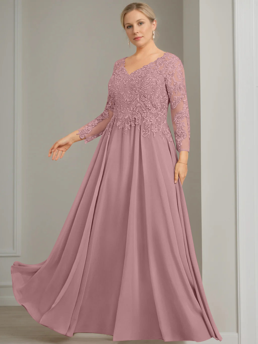 V-Neck A-Line Princess Gown with 3/4 Sleeves and Sequins for Plus-Size Mother of the Bride