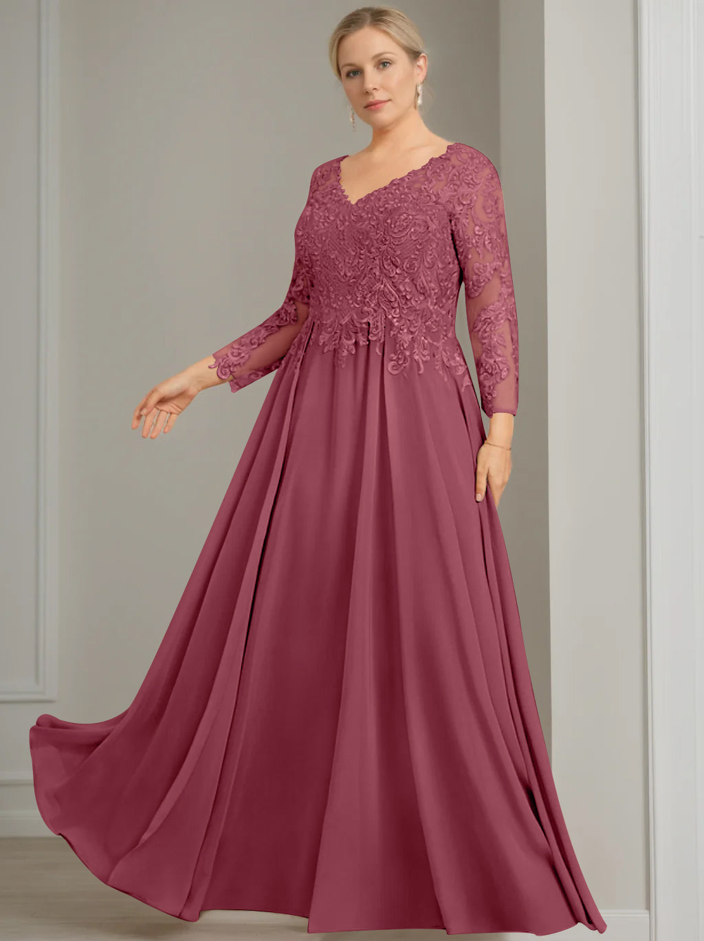 V-Neck A-Line Princess Gown with 3/4 Sleeves and Sequins for Plus-Size Mother of the Bride