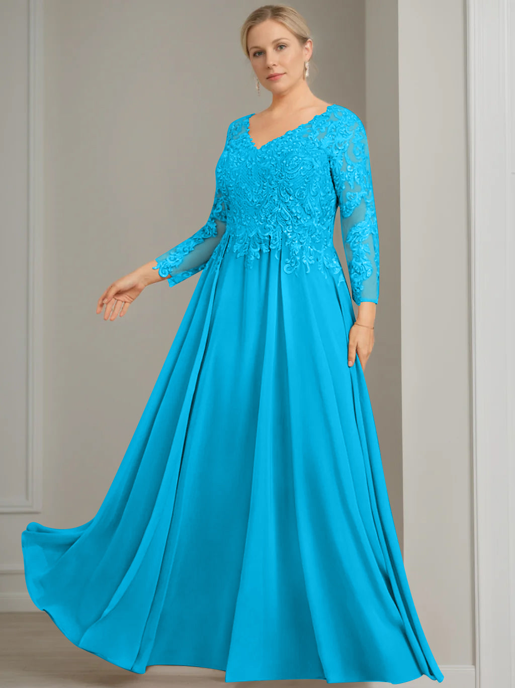 V-Neck A-Line Princess Gown with 3/4 Sleeves and Sequins for Plus-Size Mother of the Bride