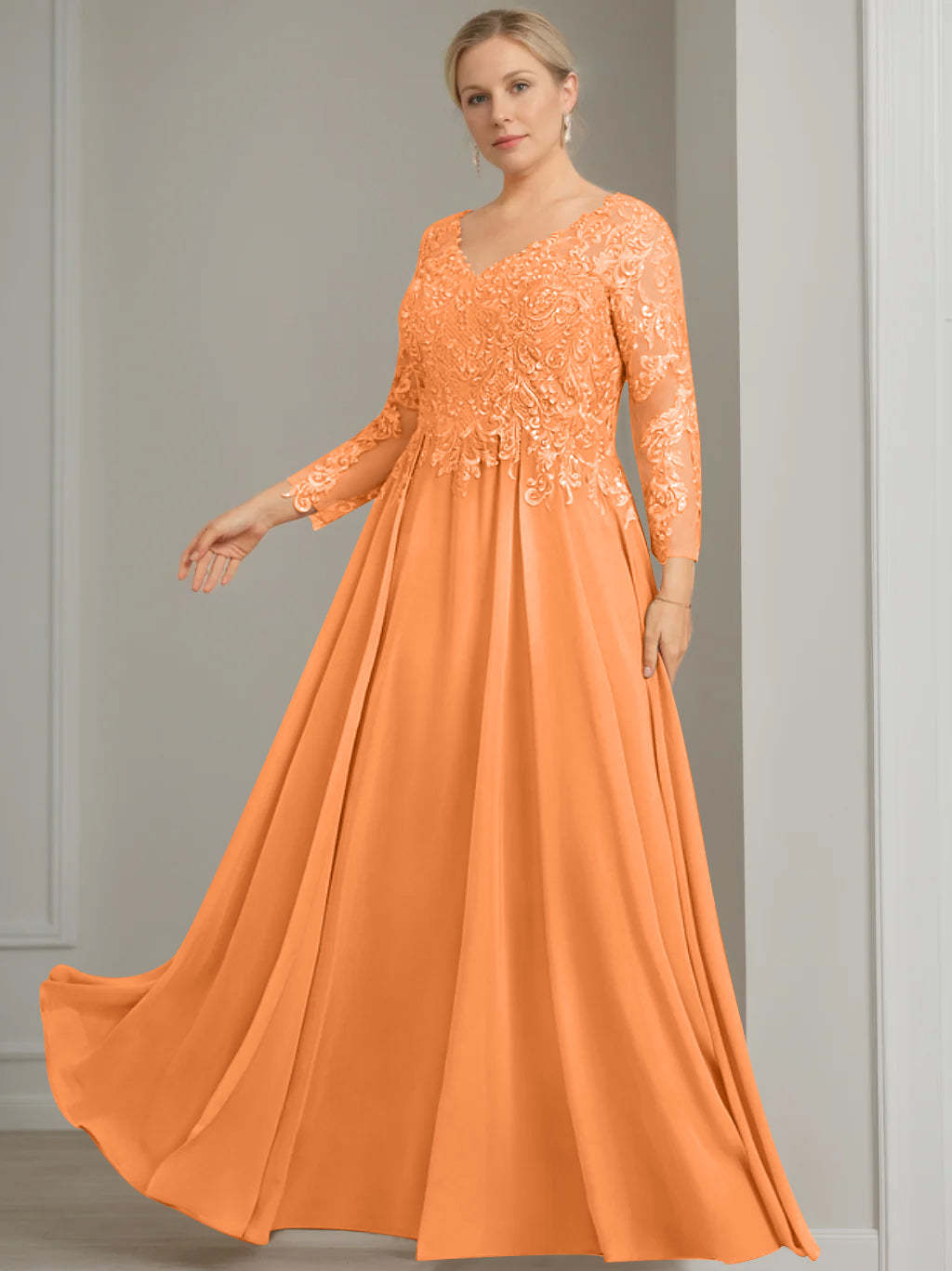 V-Neck A-Line Princess Gown with 3/4 Sleeves and Sequins for Plus-Size Mother of the Bride