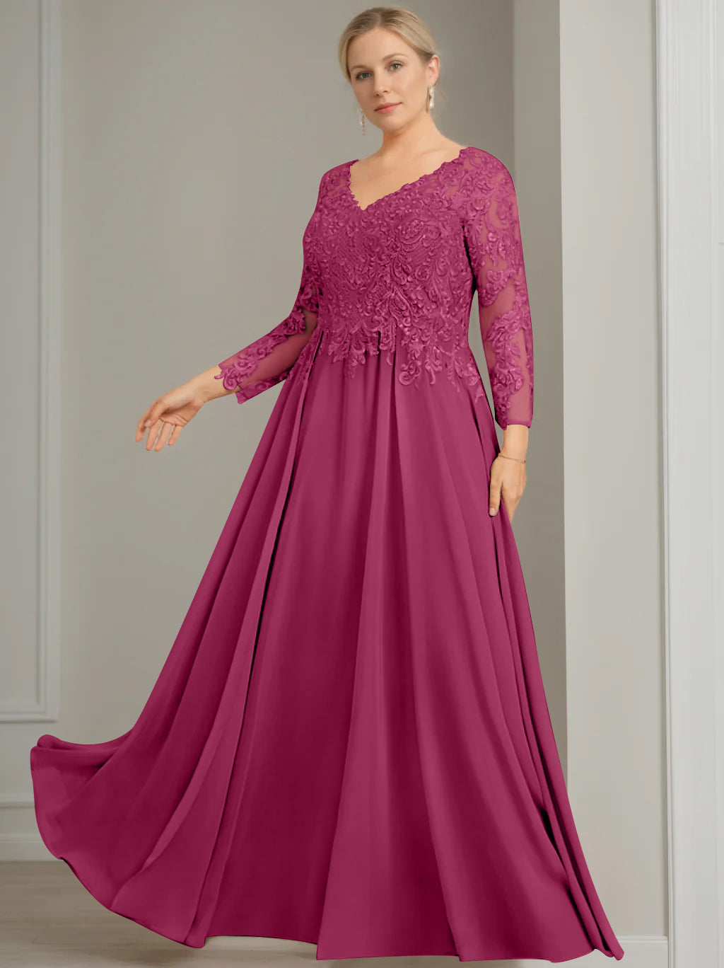 V-Neck A-Line Princess Gown with 3/4 Sleeves and Sequins for Plus-Size Mother of the Bride