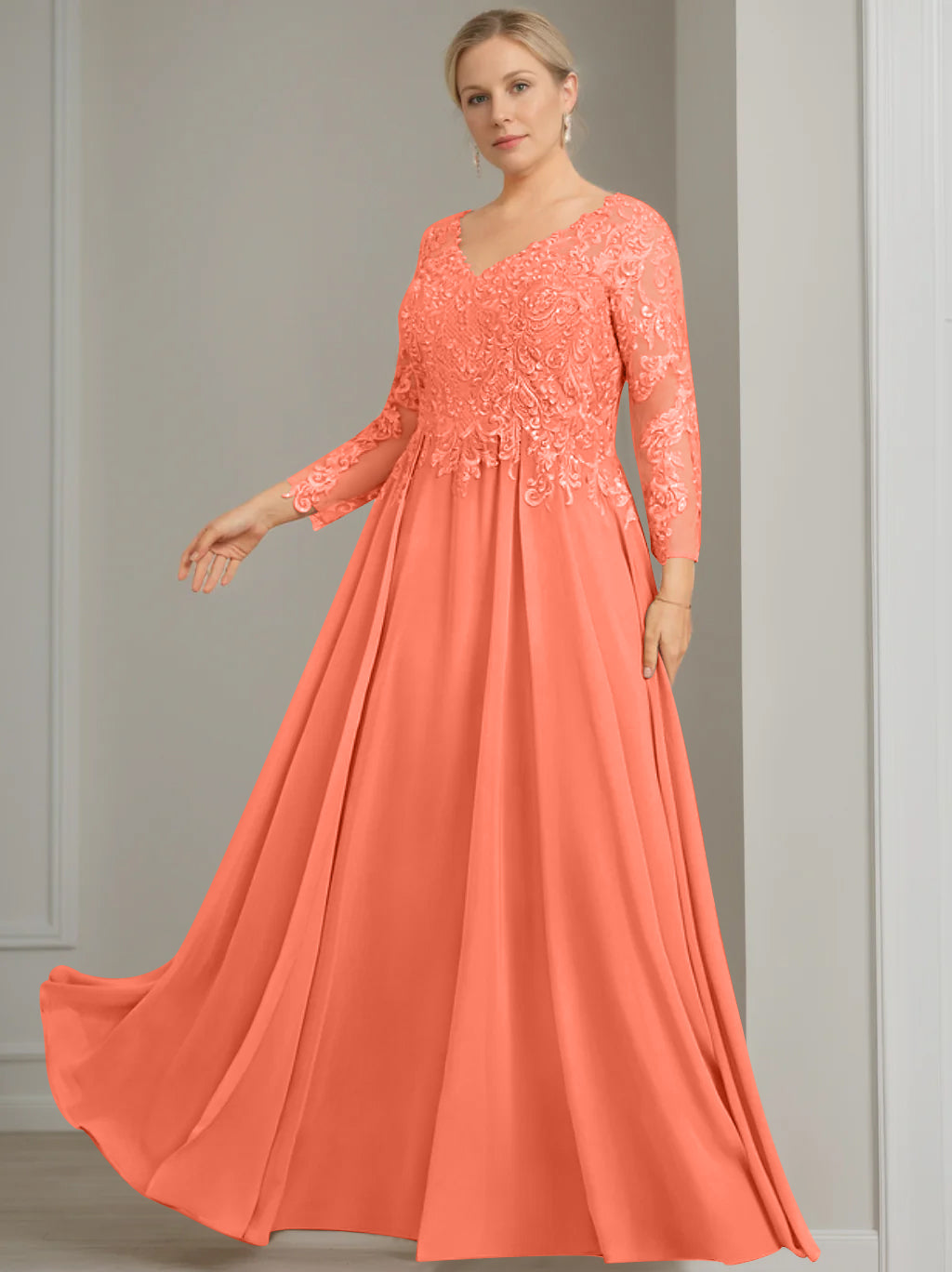 V-Neck A-Line Princess Gown with 3/4 Sleeves and Sequins for Plus-Size Mother of the Bride