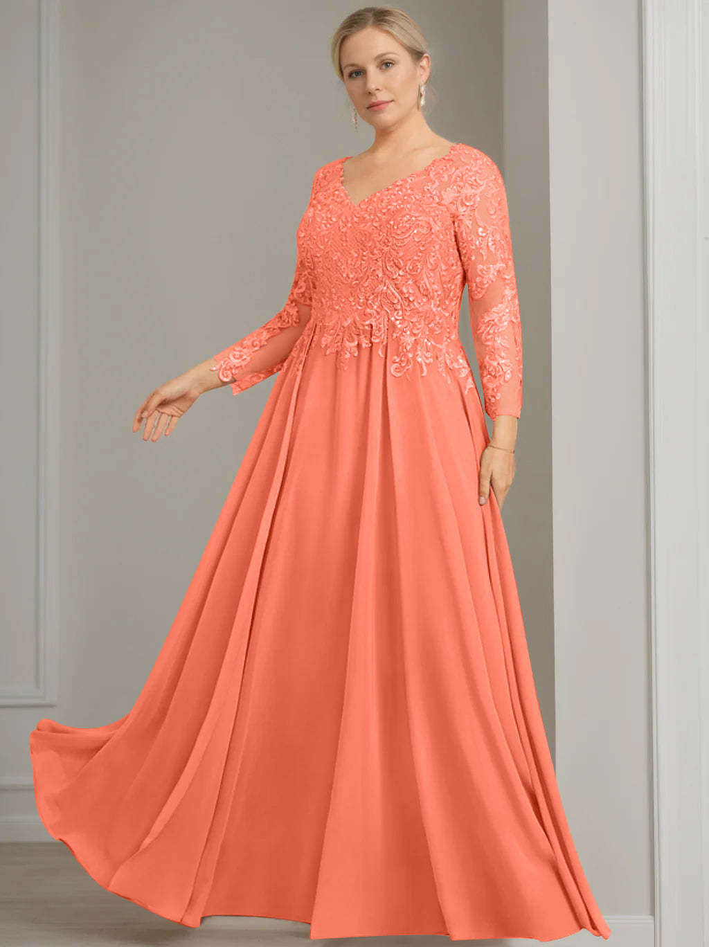 V-Neck A-Line Princess Gown with 3/4 Sleeves and Sequins for Plus-Size Mother of the Bride
