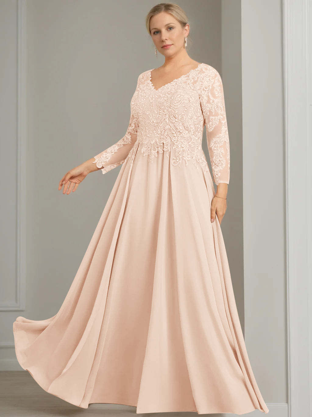 V-Neck A-Line Princess Gown with 3/4 Sleeves and Sequins for Plus-Size Mother of the Bride