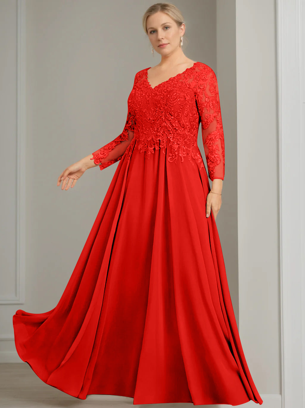V-Neck A-Line Princess Gown with 3/4 Sleeves and Sequins for Plus-Size Mother of the Bride