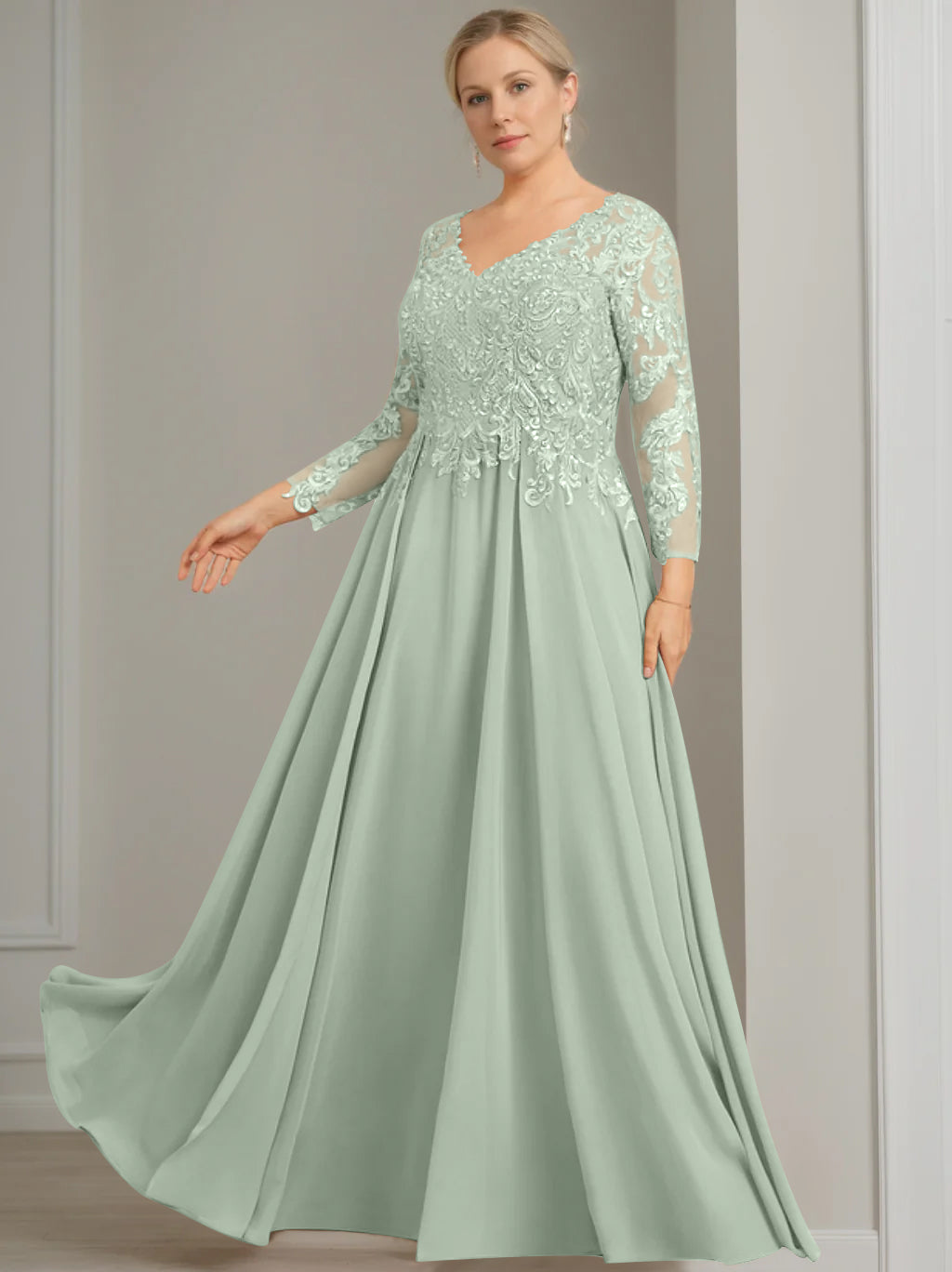 V-Neck A-Line Princess Gown with 3/4 Sleeves and Sequins for Plus-Size Mother of the Bride