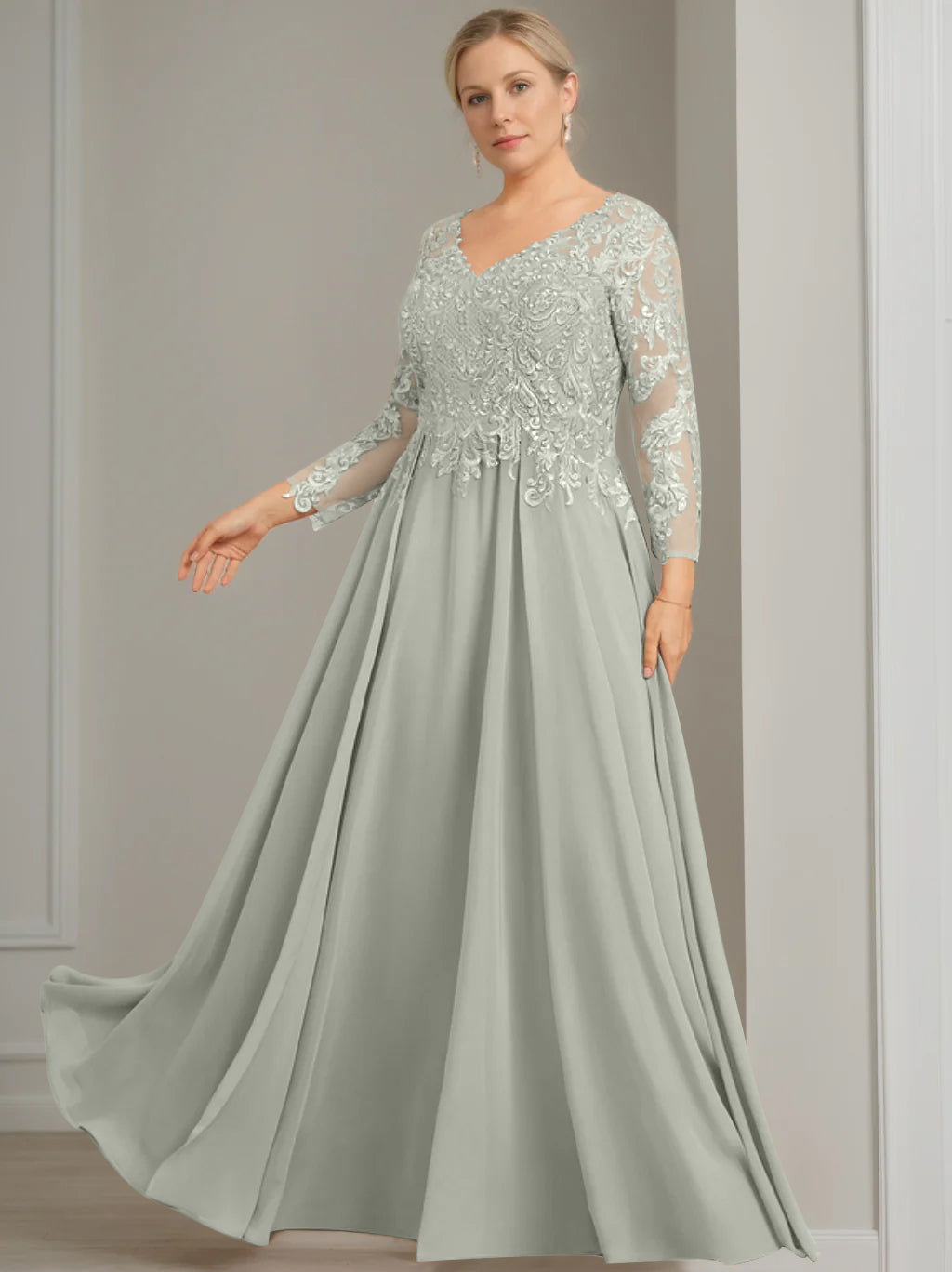 V-Neck A-Line Princess Gown with 3/4 Sleeves and Sequins for Plus-Size Mother of the Bride