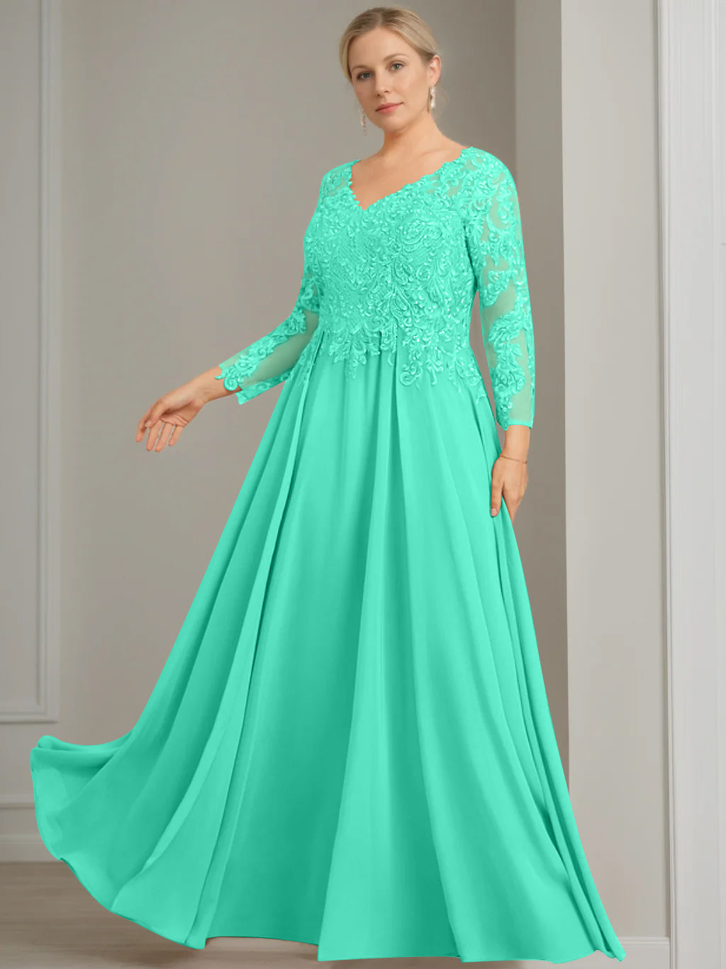 V-Neck A-Line Princess Gown with 3/4 Sleeves and Sequins for Plus-Size Mother of the Bride