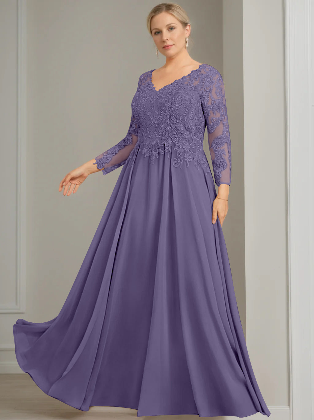 V-Neck A-Line Princess Gown with 3/4 Sleeves and Sequins for Plus-Size Mother of the Bride