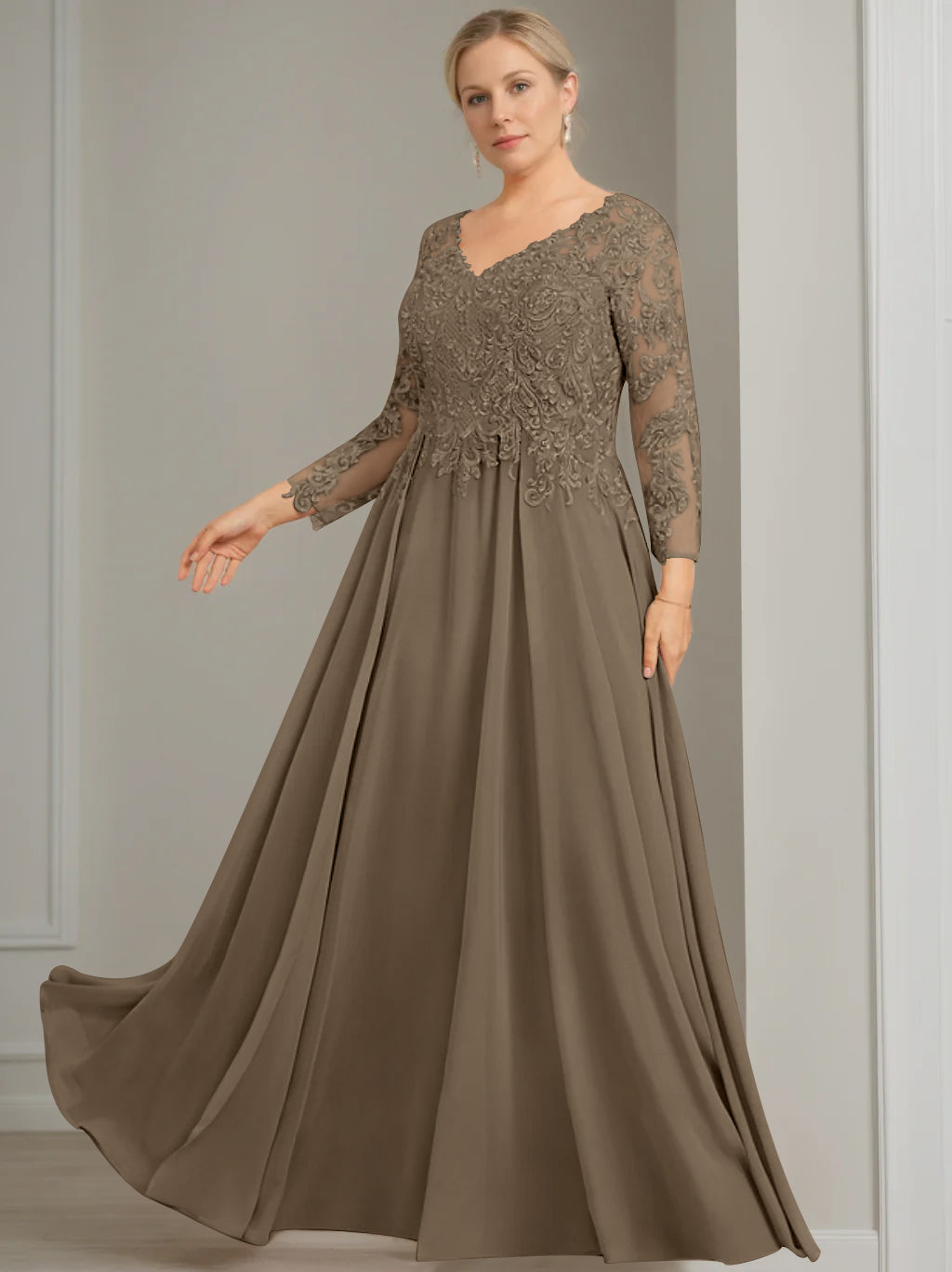 V-Neck A-Line Princess Gown with 3/4 Sleeves and Sequins for Plus-Size Mother of the Bride