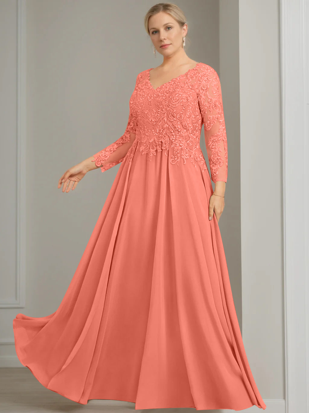 V-Neck A-Line Princess Gown with 3/4 Sleeves and Sequins for Plus-Size Mother of the Bride