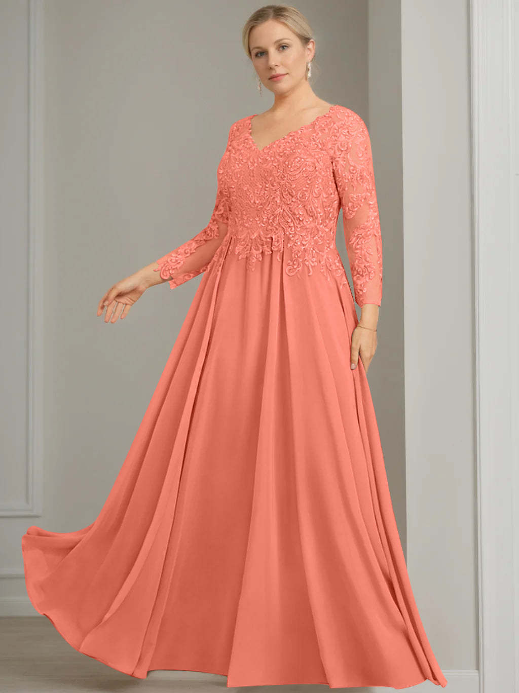 V-Neck A-Line Princess Gown with 3/4 Sleeves and Sequins for Plus-Size Mother of the Bride