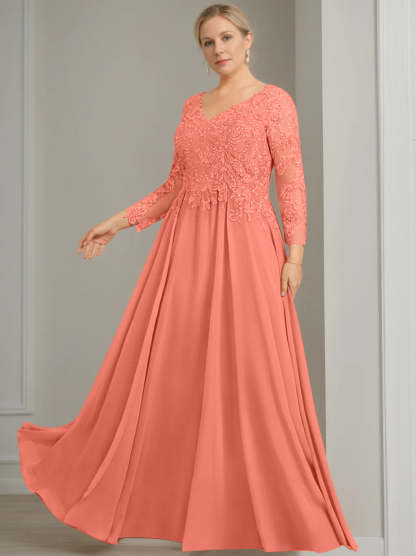 V-Neck A-Line Princess Gown with 3/4 Sleeves and Sequins for Plus-Size Mother of the Bride