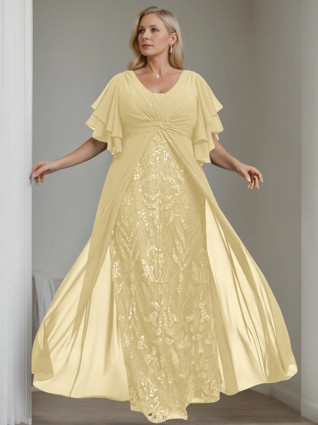 Plus Size Floor-Length Mother of the Bride A-Line Dress with V-Neck and Half Sleeves
