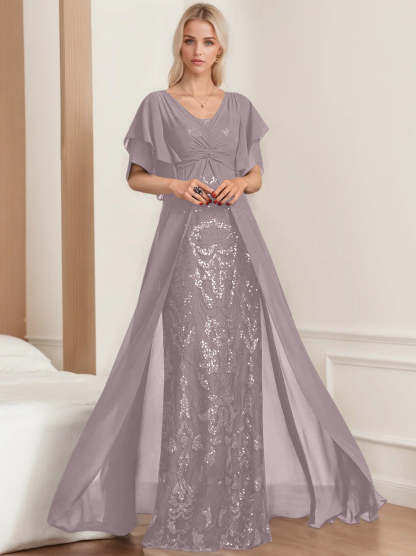 Plus Size Mother of the Bride A-Line Floor-Length Dress with V-Neck and Half Sleeves
