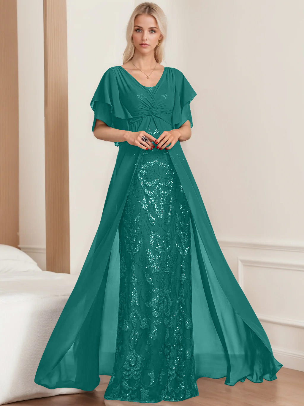 Plus Size Mother of the Bride A-Line Floor-Length Dress with V-Neck and Half Sleeves