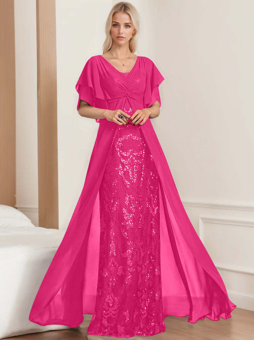 Plus Size Mother of the Bride A-Line Floor-Length Dress with V-Neck and Half Sleeves