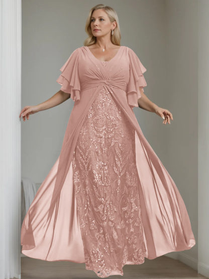 Plus Size Floor-Length Mother of the Bride A-Line Dress with V-Neck and Half Sleeves