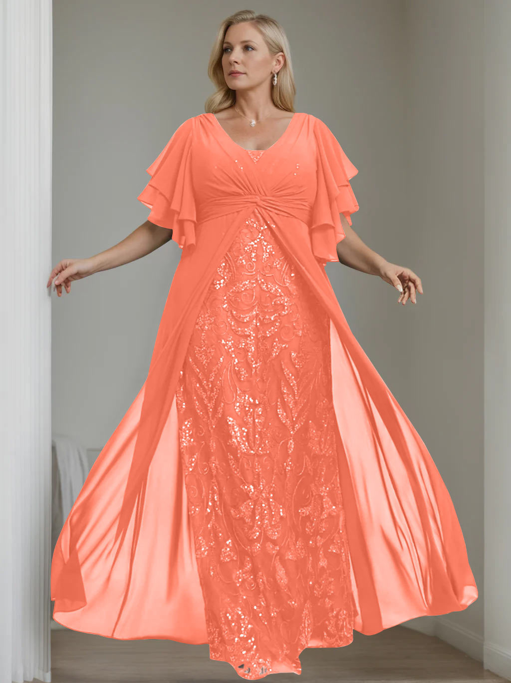Plus Size Floor-Length Mother of the Bride A-Line Dress with V-Neck and Half Sleeves