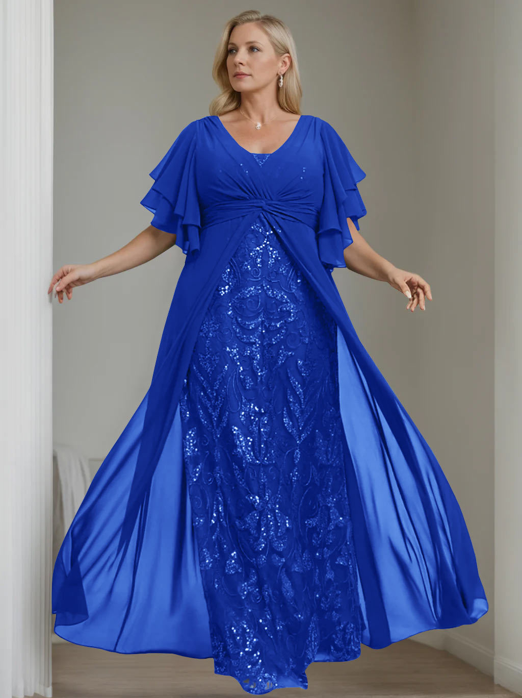 Plus Size Floor-Length Mother of the Bride A-Line Dress with V-Neck and Half Sleeves