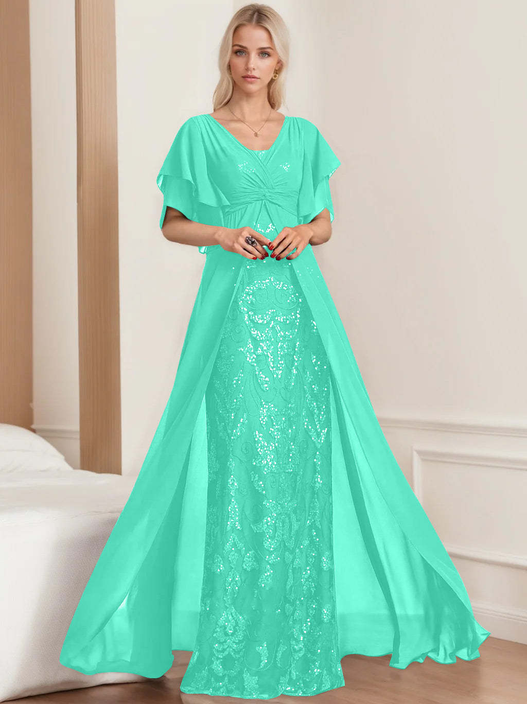 Plus Size Mother of the Bride A-Line Floor-Length Dress with V-Neck and Half Sleeves