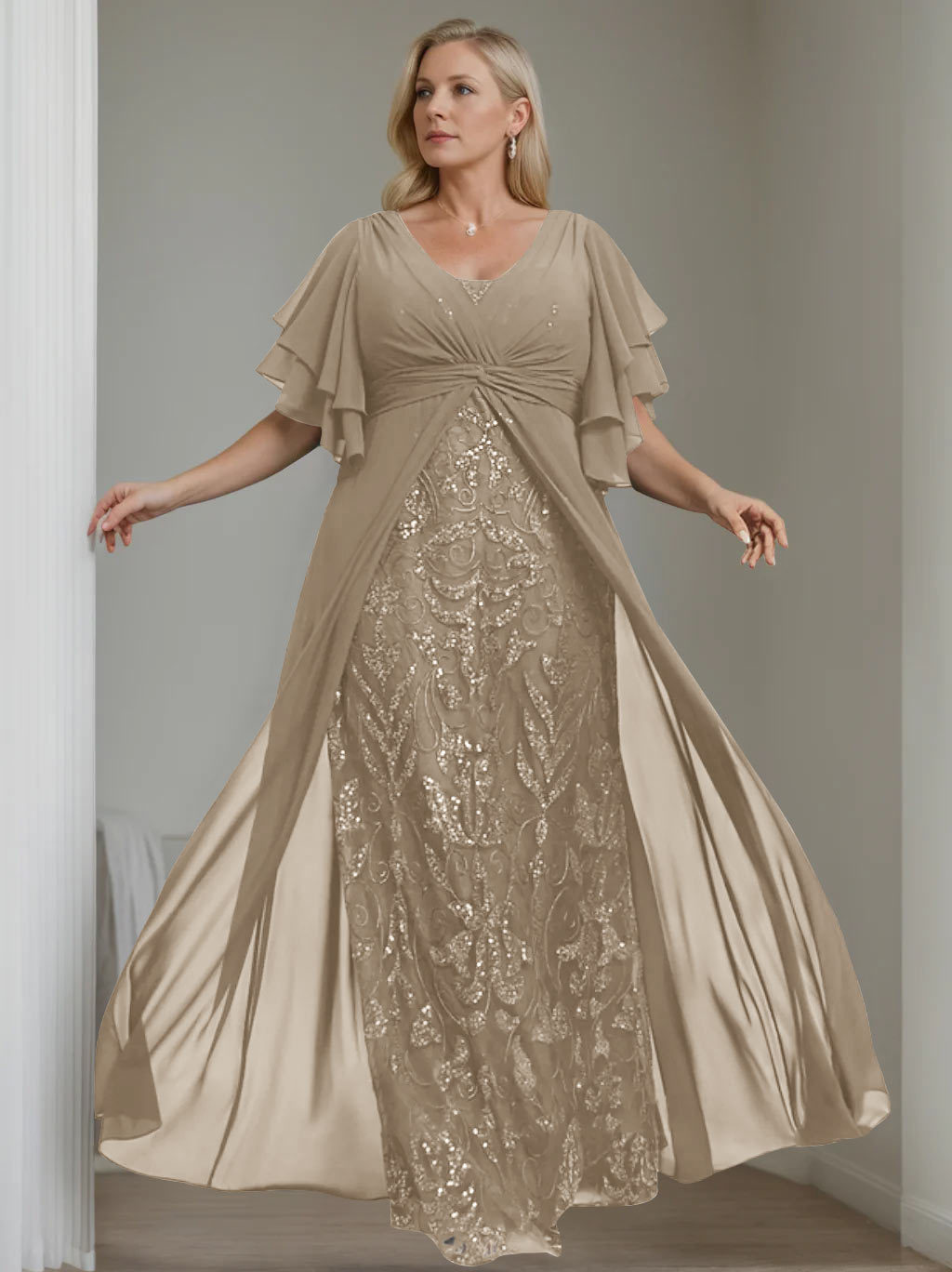 Plus Size Floor-Length Mother of the Bride A-Line Dress with V-Neck and Half Sleeves