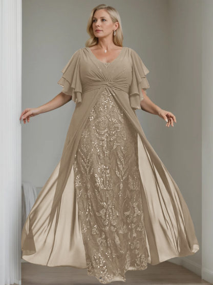 Plus Size Floor-Length Mother of the Bride A-Line Dress with V-Neck and Half Sleeves