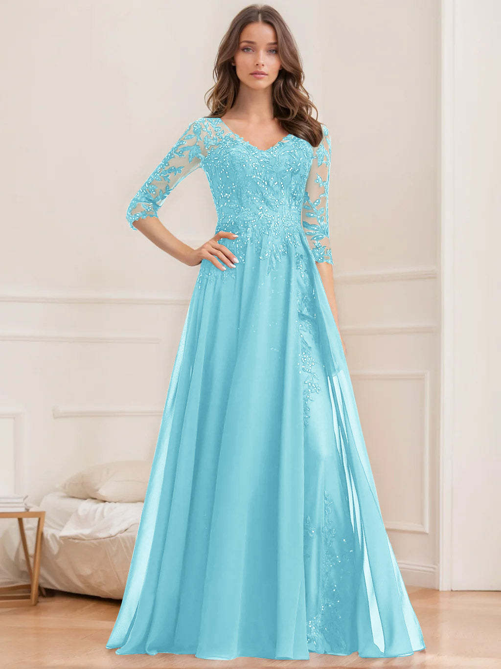 Floor-Length V-Neck A-Line Princess Mother of the Bride Dresses with Half Sleeves and Sequins
