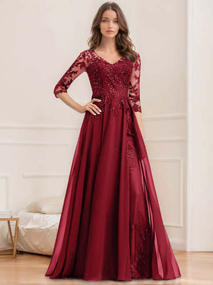 Floor-Length V-Neck A-Line Princess Mother of the Bride Dresses with Half Sleeves and Sequins