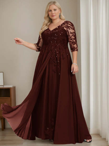 Plus Size V-Neck A-Line Princess Floor-Length Mother of the Bride Dress with Half Sleeves and Sequins