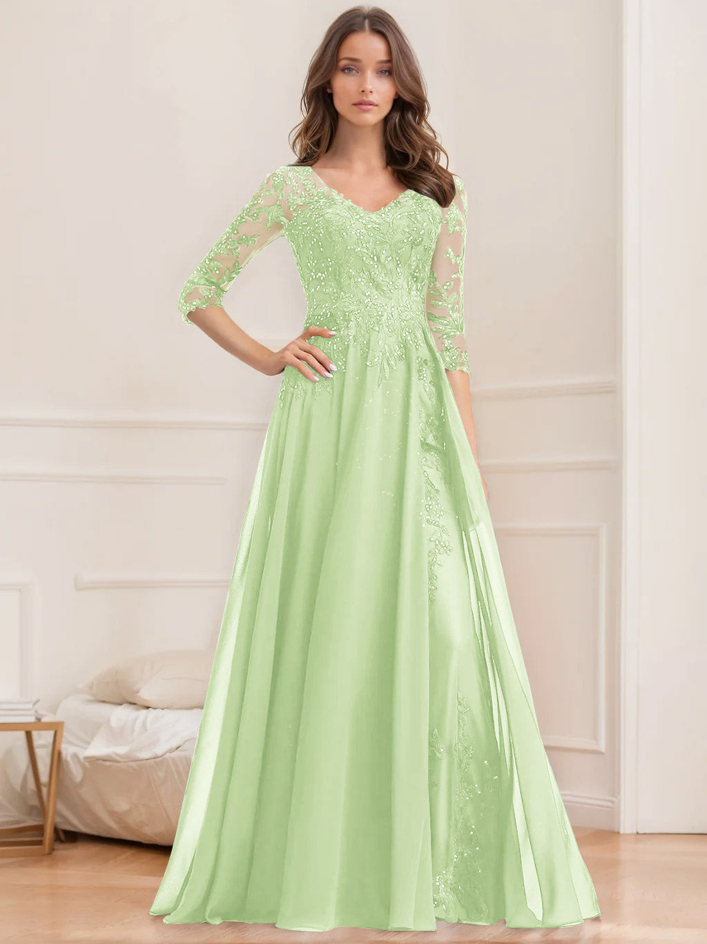 Floor-Length V-Neck A-Line Princess Mother of the Bride Dresses with Half Sleeves and Sequins