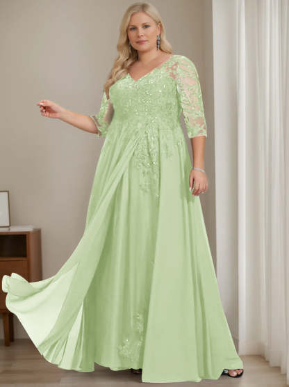 Plus Size V-Neck A-Line Princess Floor-Length Mother of the Bride Dress with Half Sleeves and Sequins