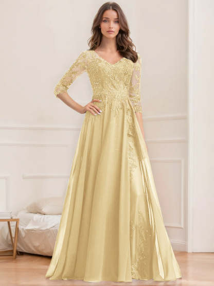 Floor-Length V-Neck A-Line Princess Mother of the Bride Dresses with Half Sleeves and Sequins