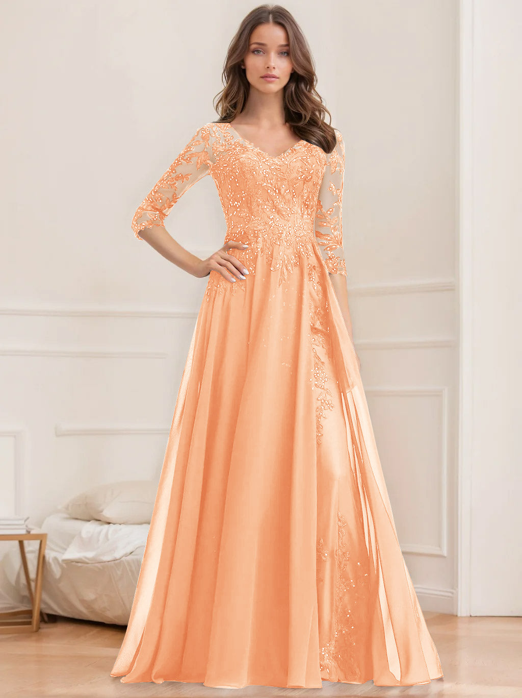 Floor-Length V-Neck A-Line Princess Mother of the Bride Dresses with Half Sleeves and Sequins