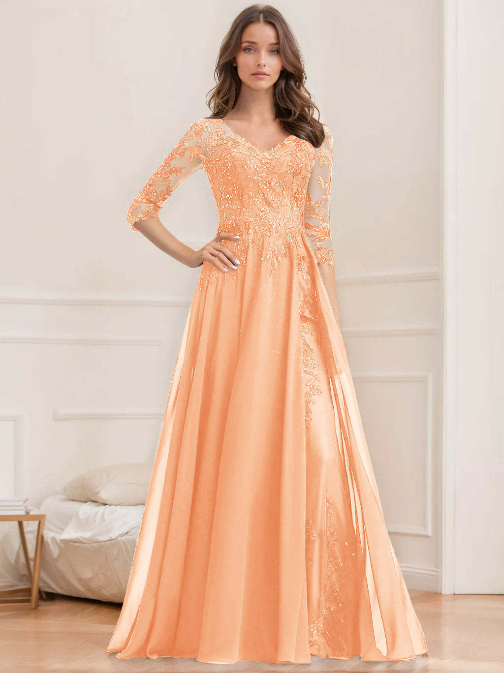 Floor-Length V-Neck A-Line Princess Mother of the Bride Dresses with Half Sleeves and Sequins