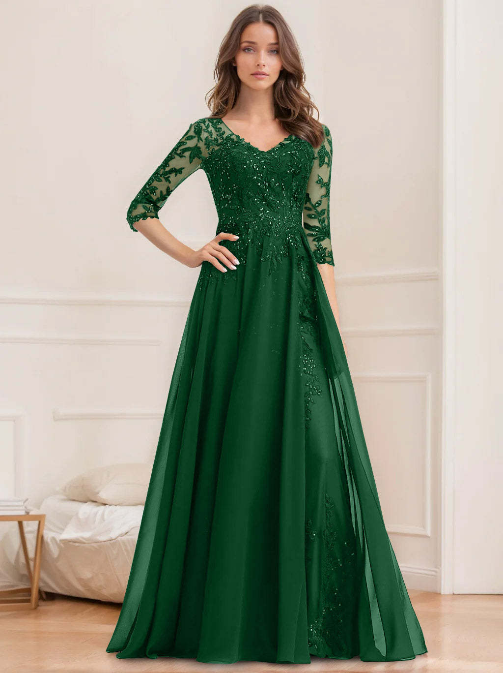 Floor-Length V-Neck A-Line Princess Mother of the Bride Dresses with Half Sleeves and Sequins