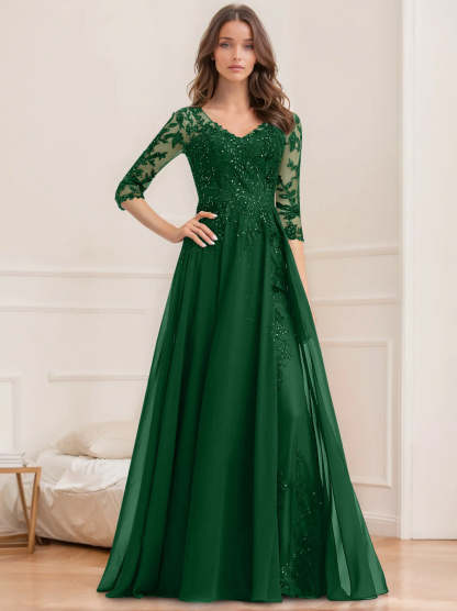 Floor-Length V-Neck A-Line Princess Mother of the Bride Dresses with Half Sleeves and Sequins
