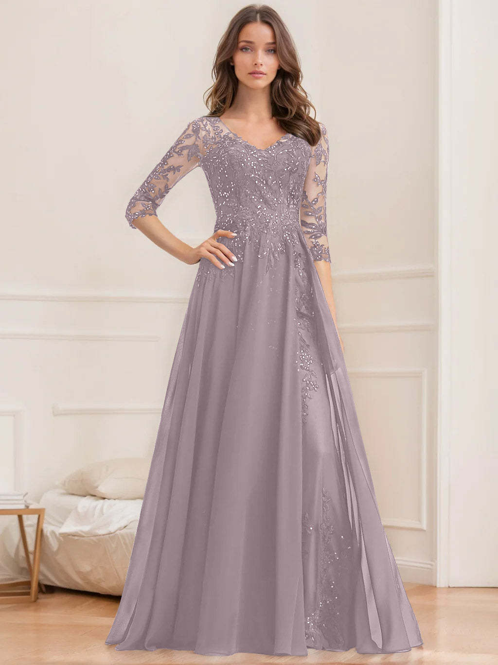 Floor-Length V-Neck A-Line Princess Mother of the Bride Dresses with Half Sleeves and Sequins