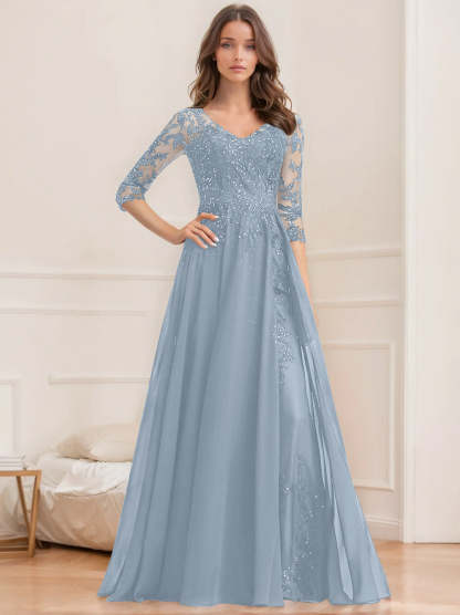 Floor-Length V-Neck A-Line Princess Mother of the Bride Dresses with Half Sleeves and Sequins