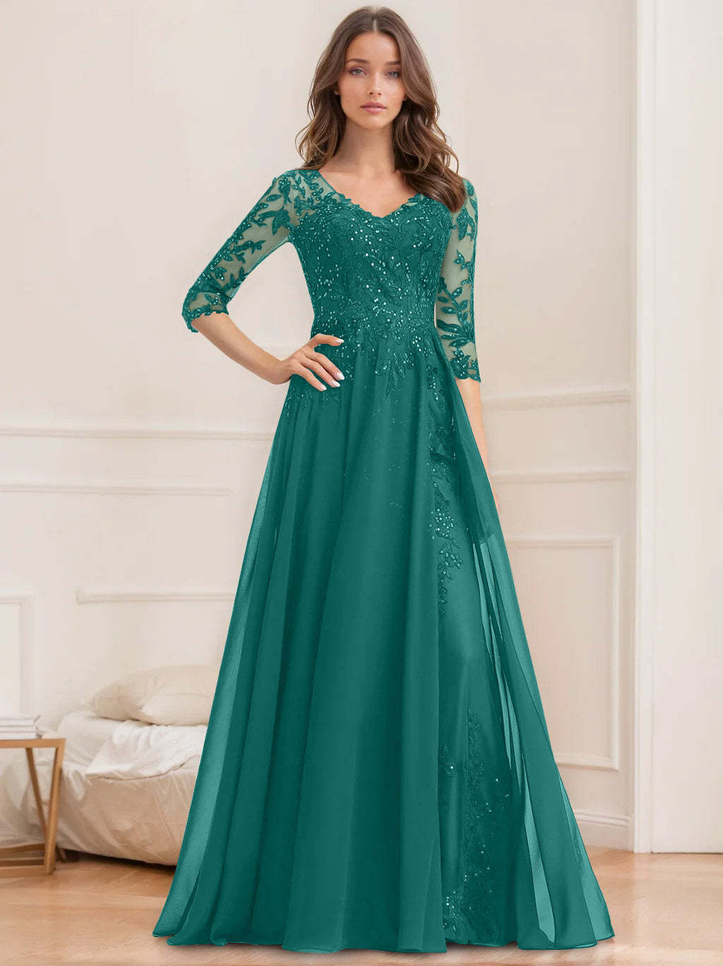 Floor-Length V-Neck A-Line Princess Mother of the Bride Dresses with Half Sleeves and Sequins