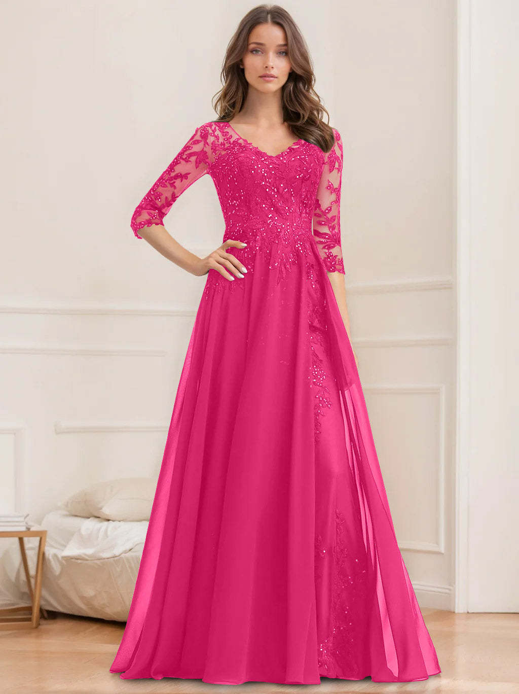Floor-Length V-Neck A-Line Princess Mother of the Bride Dresses with Half Sleeves and Sequins