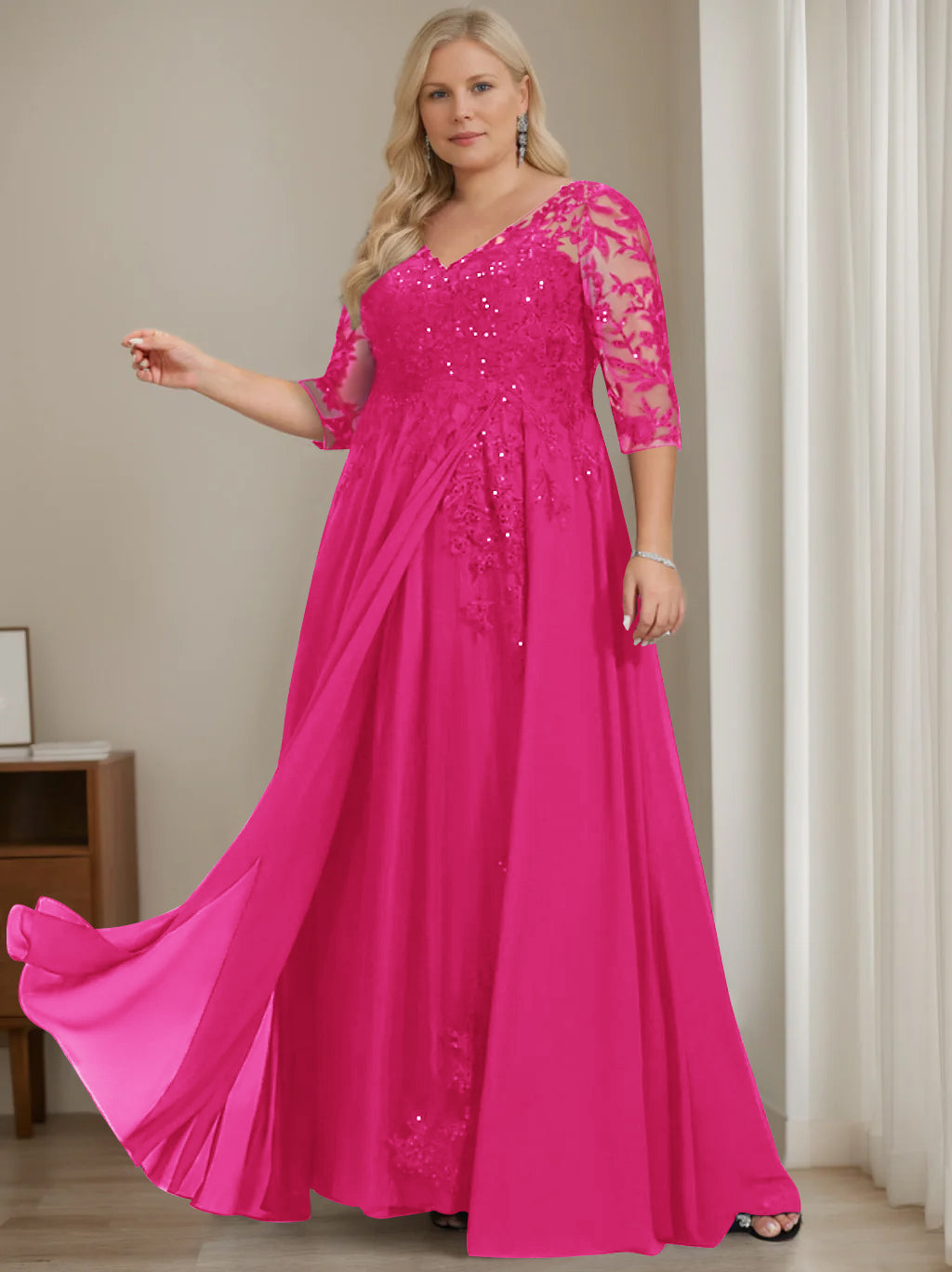 Plus Size V-Neck A-Line Princess Floor-Length Mother of the Bride Dress with Half Sleeves and Sequins