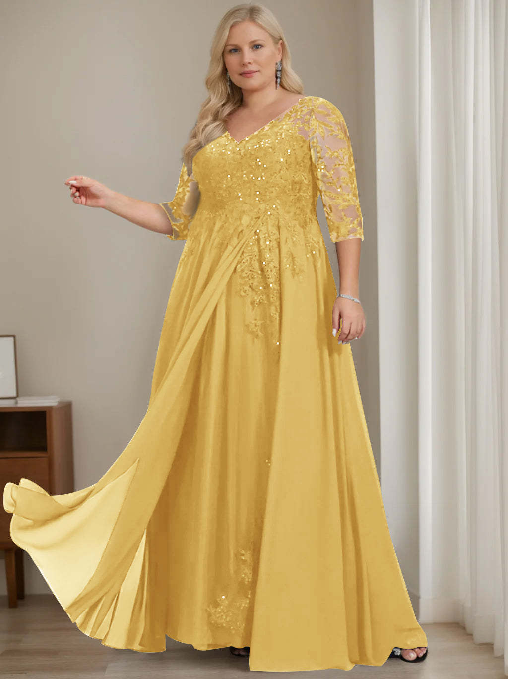 Plus Size V-Neck A-Line Princess Floor-Length Mother of the Bride Dress with Half Sleeves and Sequins