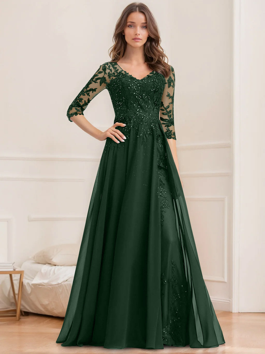Floor-Length V-Neck A-Line Princess Mother of the Bride Dresses with Half Sleeves and Sequins