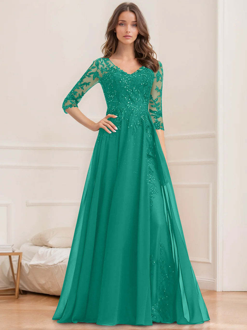 Floor-Length V-Neck A-Line Princess Mother of the Bride Dresses with Half Sleeves and Sequins