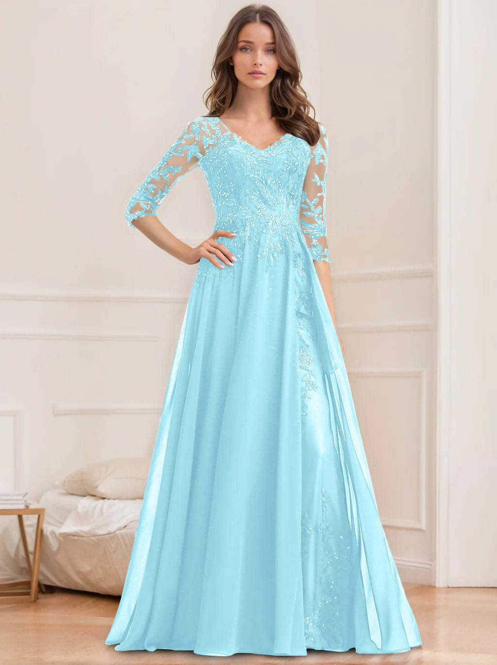Floor-Length V-Neck A-Line Princess Mother of the Bride Dresses with Half Sleeves and Sequins