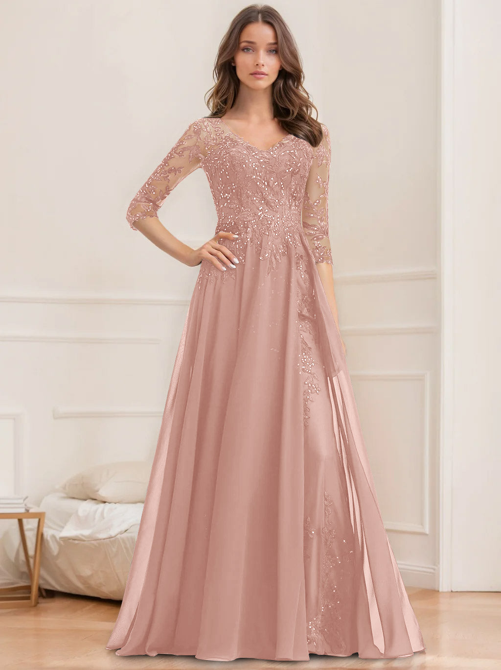 Floor-Length V-Neck A-Line Princess Mother of the Bride Dresses with Half Sleeves and Sequins