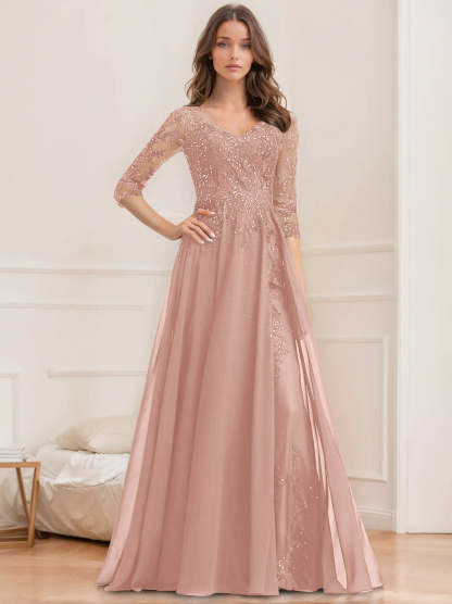Floor-Length V-Neck A-Line Princess Mother of the Bride Dresses with Half Sleeves and Sequins