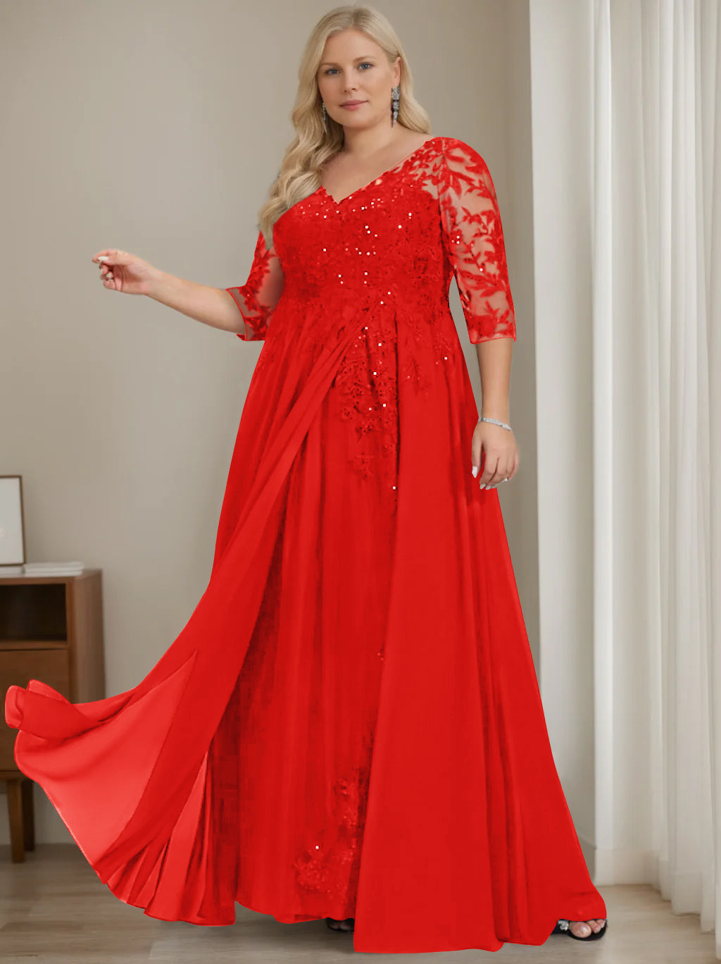 Plus Size V-Neck A-Line Princess Floor-Length Mother of the Bride Dress with Half Sleeves and Sequins
